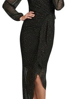 Black Sheer Sparkle Long Sleeve Wrap Dress